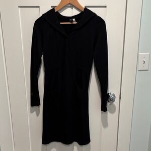 Rare warm black 100% merino wool ibex dress with pockets and drawstring bow